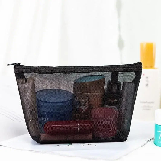 Pure Elegance | Black Nylon Mesh Cosmetic Bag Travel Portable Zipper Make Up Bag Makeup Case Bathroom Toiletry Organizer Pouch Wash Kit Bags