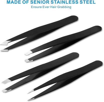 Pure Elegance | 4PCS Tweezers Set Professional Makeup Tools Stainless Steel Tweezers for Eyebrows for Facial Hair and Ingrown Hair Removal