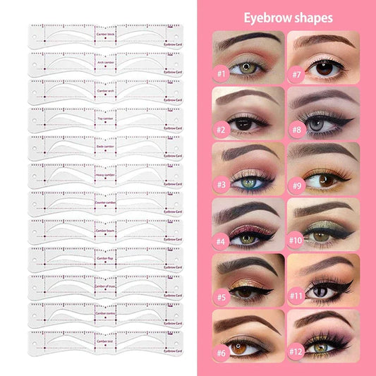 Pure Elegance | 12 Styles/set Reusable DIY Eye Brow Drawing Guide Styling Shaping Grooming Template Card Eyebrow Stencil Set Easy Make Up Tools