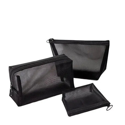 Pure Elegance | Black Nylon Mesh Cosmetic Bag Travel Portable Zipper Make Up Bag Makeup Case Bathroom Toiletry Organizer Pouch Wash Kit Bags