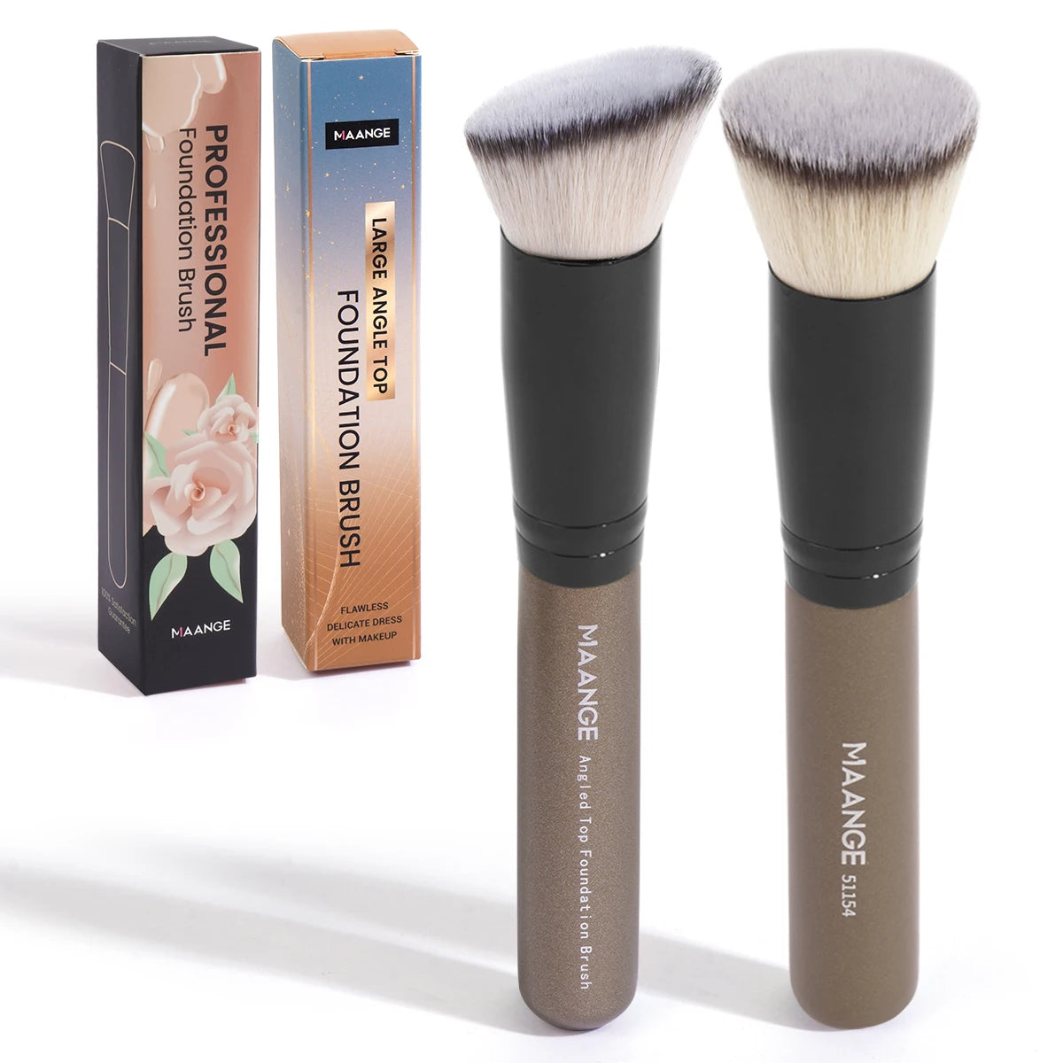 Pure Elegance | MAANGE 2PCS Foundation Makeup Brush Set Flat Angled Kabuki Powder Blush Brush For Liquid Soft Bristles Cosmetic Makeup Tools Champange
