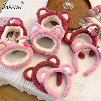 Pure Elegance | Kawaii Plush Bear Headband Lotso Strawberry Bear Plush Ears Headband Cartoon Face Wash Non-Slip Cute Headdress Baby Girl Gift