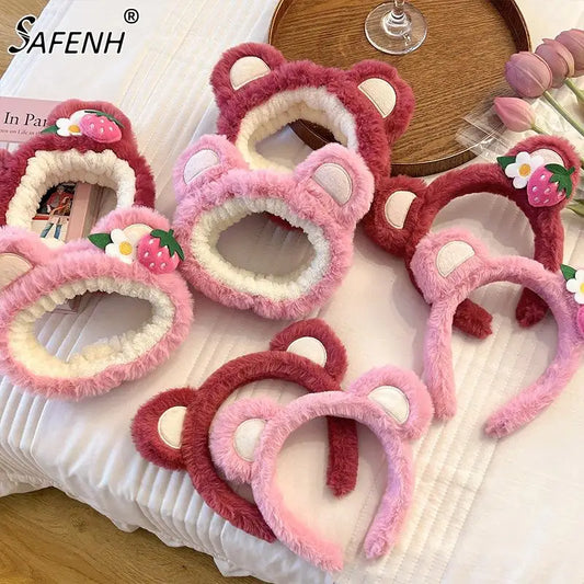 Pure Elegance | Kawaii Plush Bear Headband Lotso Strawberry Bear Plush Ears Headband Cartoon Face Wash Non-Slip Cute Headdress Baby Girl Gift