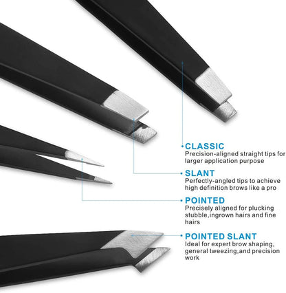 Pure Elegance | 4PCS Tweezers Set Professional Makeup Tools Stainless Steel Tweezers for Eyebrows for Facial Hair and Ingrown Hair Removal