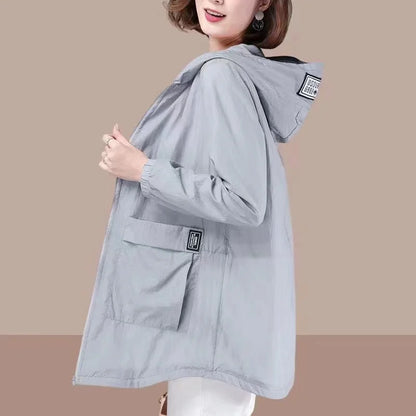 Pure Elegance | Spring Summer Women's Jacket Long Sleeve Tops Hooded Coat 2024 Thin Sun Protection Clothing Outdoor Sports Windbreaker Female gray CHINA
