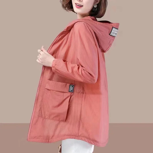 Pure Elegance | Spring Summer Women's Jacket Long Sleeve Tops Hooded Coat 2024 Thin Sun Protection Clothing Outdoor Sports Windbreaker Female rust red CHINA