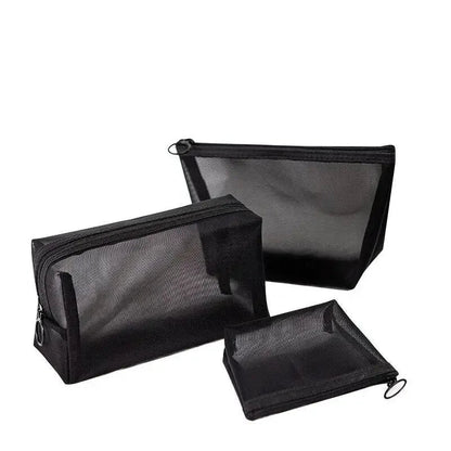 Pure Elegance | Black Nylon Mesh Cosmetic Bag Travel Portable Zipper Make Up Bag Makeup Case Bathroom Toiletry Organizer Pouch Wash Kit Bags