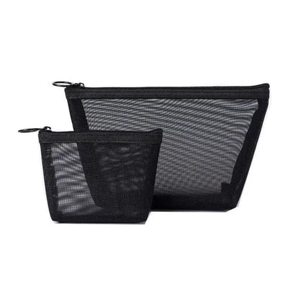 Pure Elegance | Black Nylon Mesh Cosmetic Bag Travel Portable Zipper Make Up Bag Makeup Case Bathroom Toiletry Organizer Pouch Wash Kit Bags