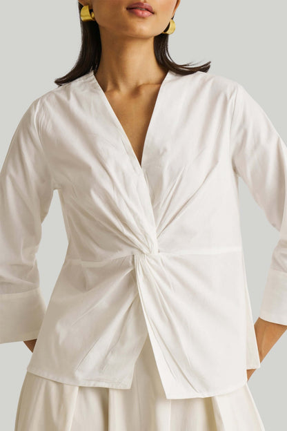 Pure Elegance | Front Twist Top | White Organic Cotton Blouse
