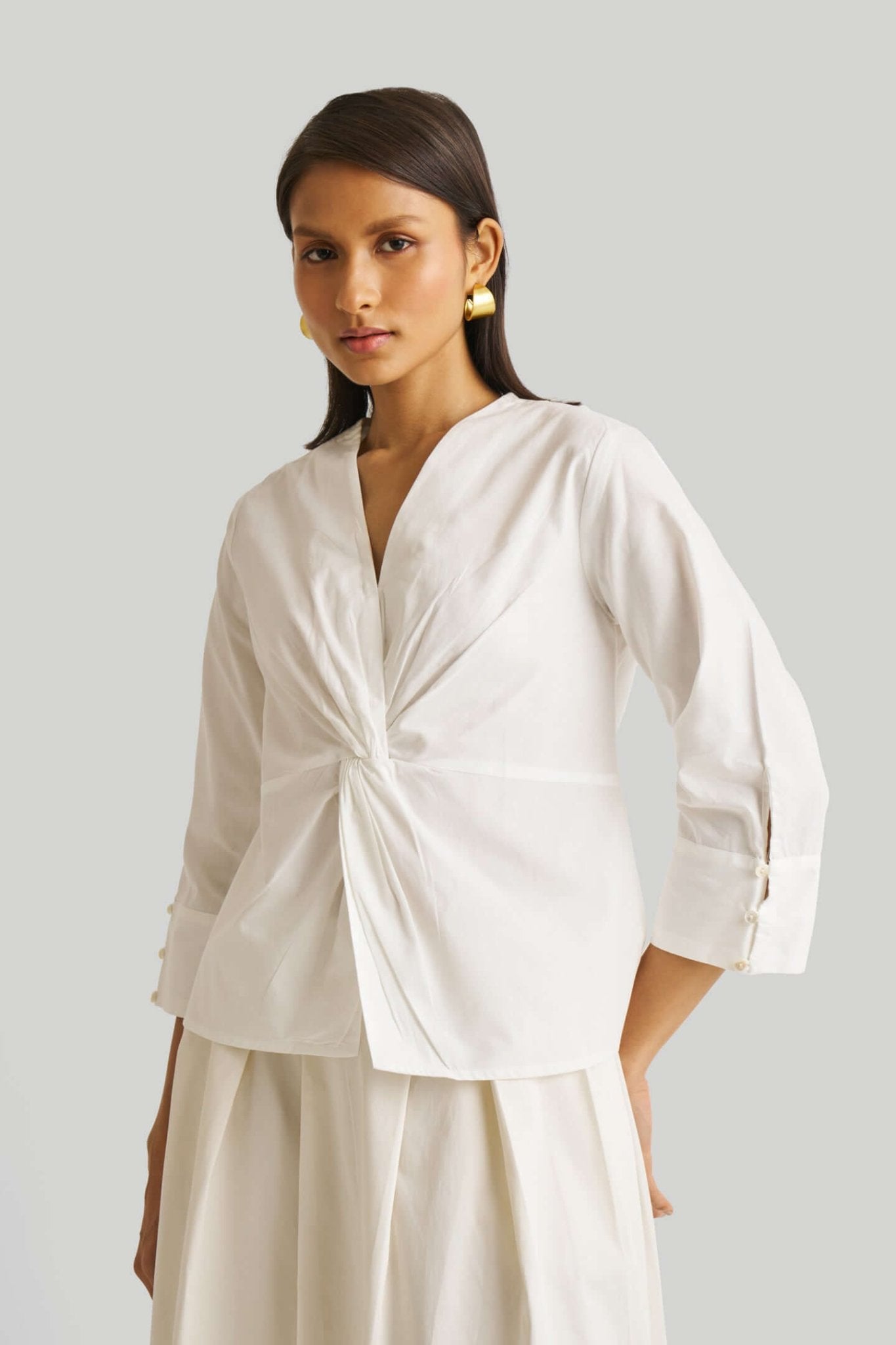 Pure Elegance | Front Twist Top | White Organic Cotton Blouse