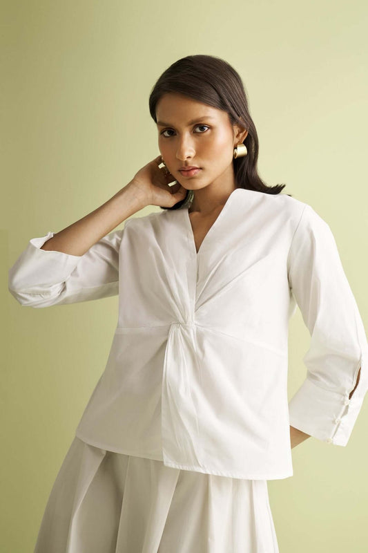 Pure Elegance | Front Twist Top | White Organic Cotton Blouse