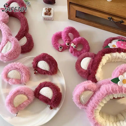 Pure Elegance | Kawaii Plush Bear Headband Lotso Strawberry Bear Plush Ears Headband Cartoon Face Wash Non-Slip Cute Headdress Baby Girl Gift