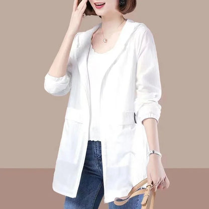 Pure Elegance | Spring Summer Women's Jacket Long Sleeve Tops Hooded Coat 2024 Thin Sun Protection Clothing Outdoor Sports Windbreaker Female white CHINA