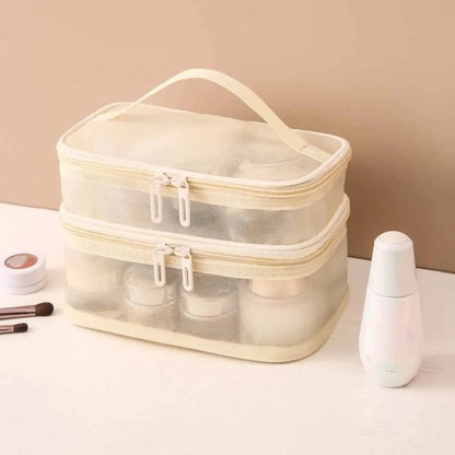 Pure Elegance | Women's Transparent Mesh Travel Cosmetic Bag Makeup and Toiletries Kit Storage Bag Make Up Organizer Bag beige-2 layer